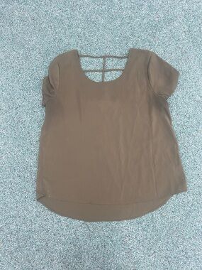 Women's Olive Green Short Sleeve Scoop Neck Top with Back Strap Detail